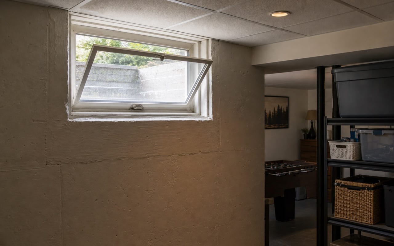 Basement window on exterior brick foundation showing original single-pane glass accessible at grade level