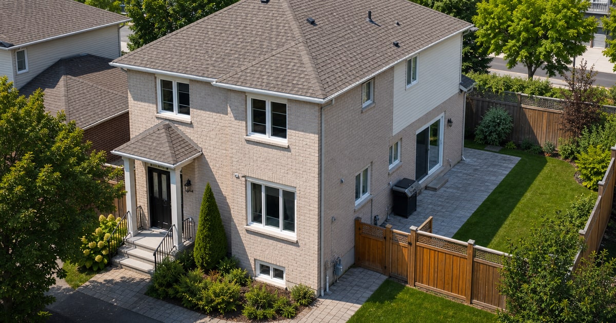 Aerial-angled view of a detached GTA suburban home showing front door, side passage, rear yard, and basement window