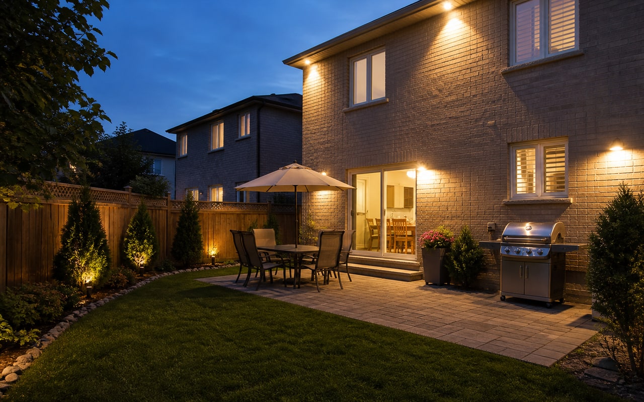 Well-lit suburban GTA rear yard at dusk with patio area and clear sightlines