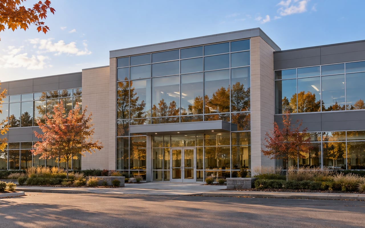 Low-rise office building with substantial window glazing in warm autumn daylight