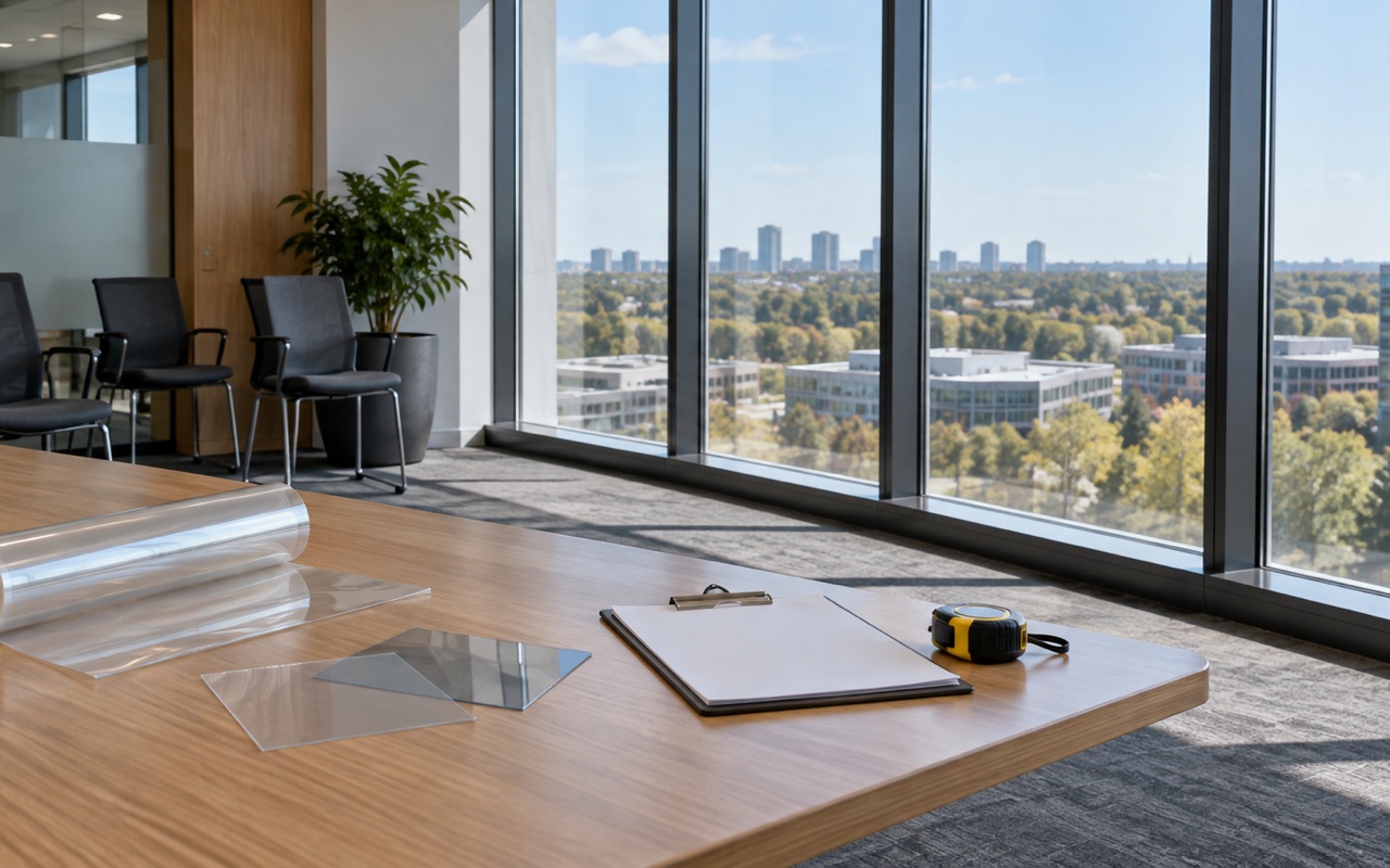 Commercial office glazing with unbranded film samples, a blank clipboard and clear access to the windows
