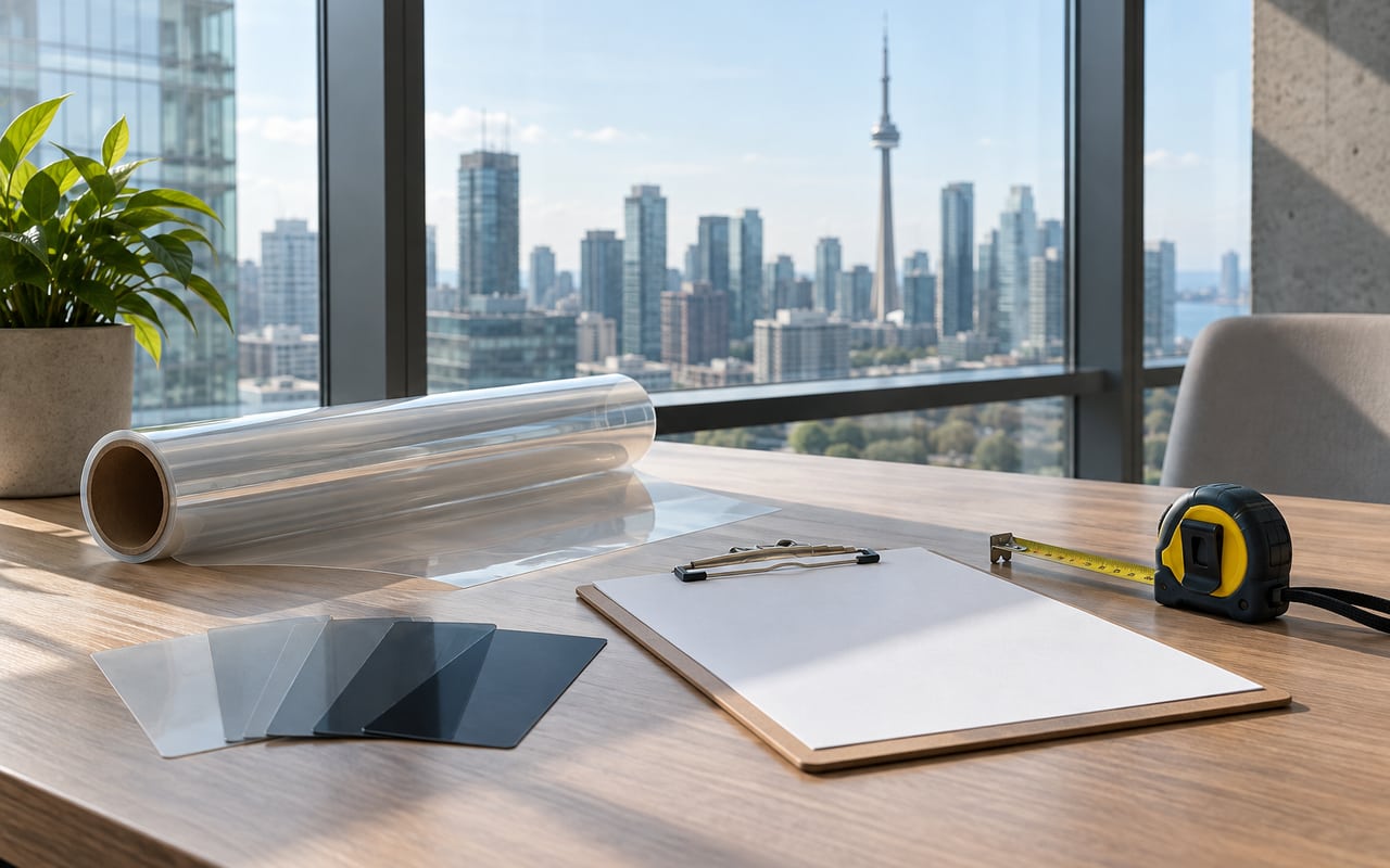 Film samples, a blank clipboard and an assessment kit beside a commercial window