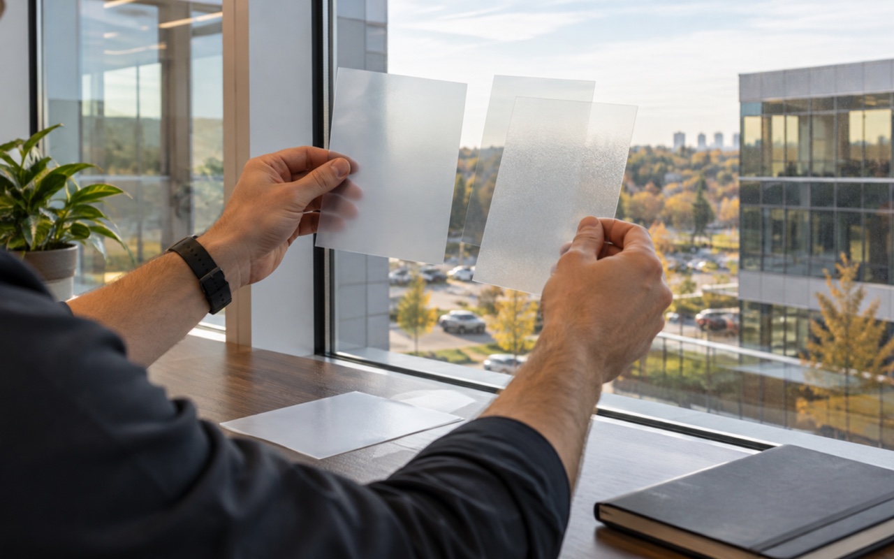 Commercial film samples being compared against office glazing in ordinary daylight