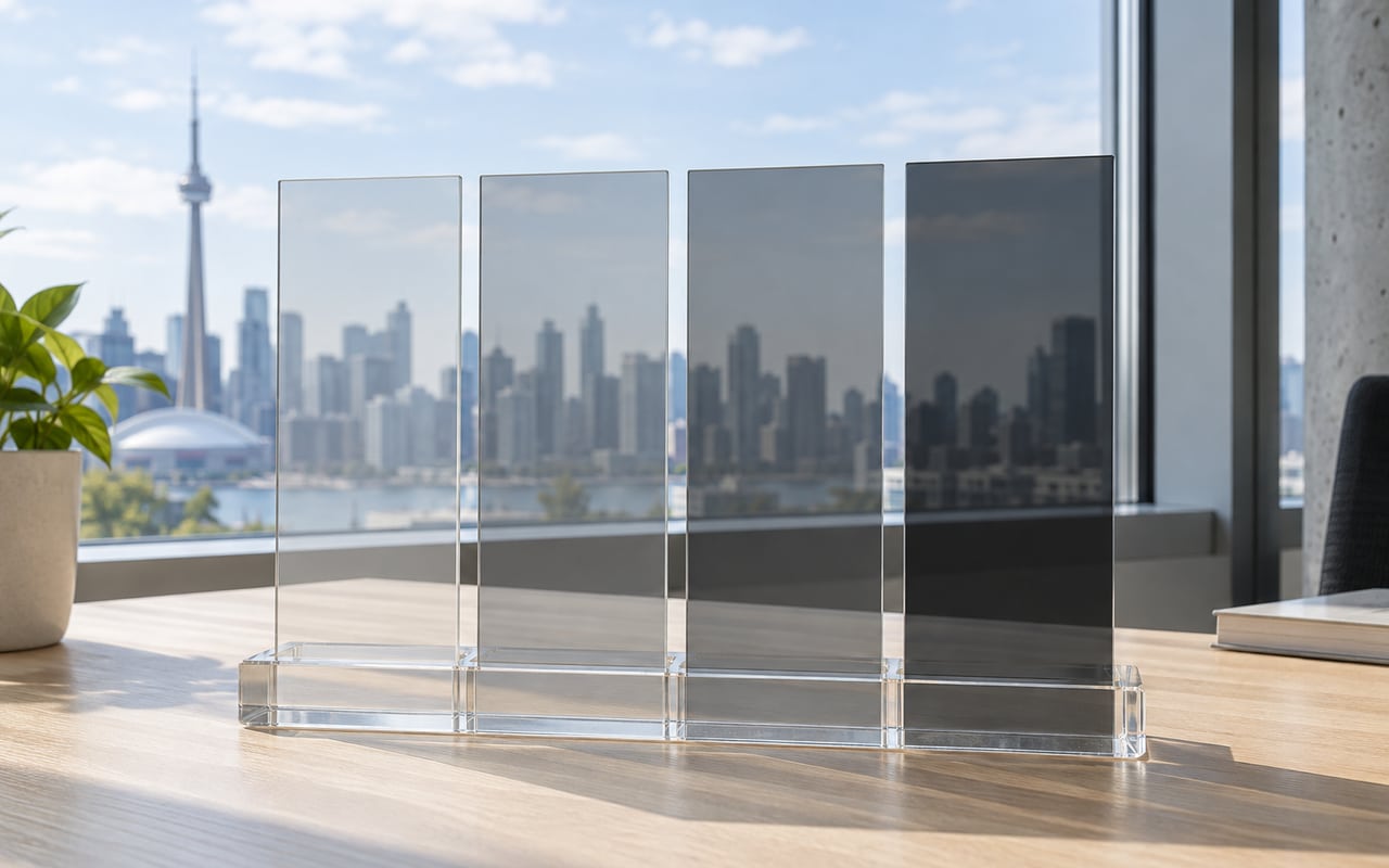 Four unlabelled neutral film samples with progressively darker shades beside an office window