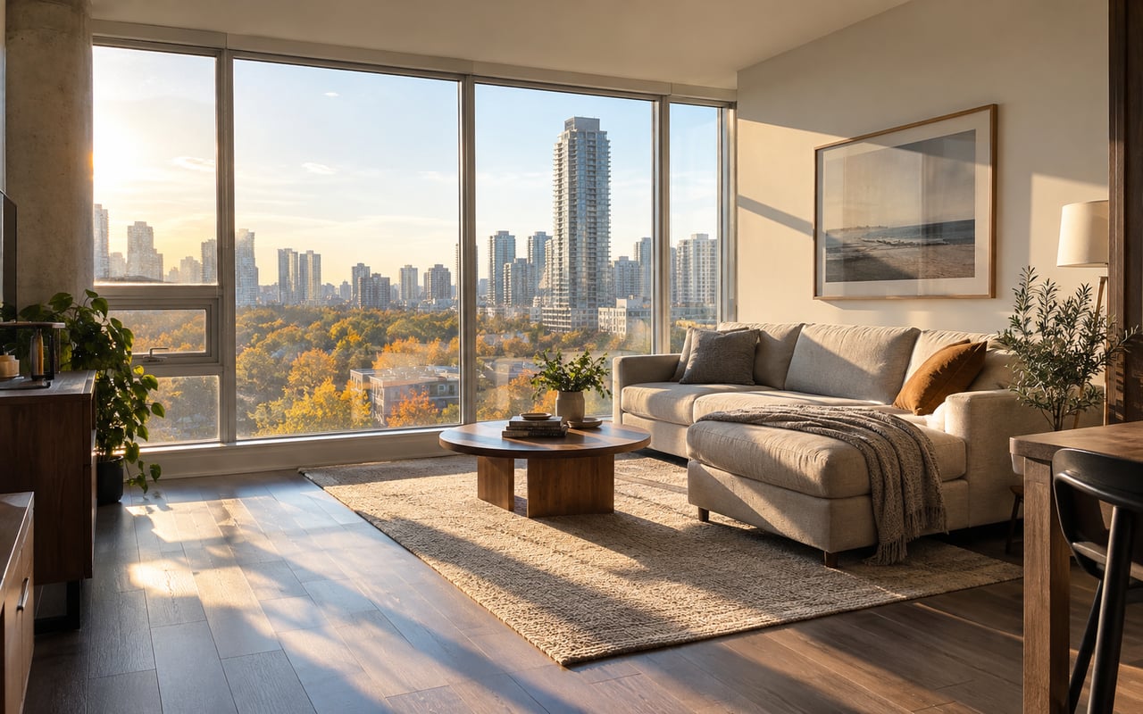 Sunlit condo living room with autumn trees beyond the windows