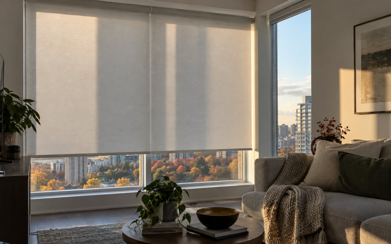 Condo window with drawn light-coloured blinds and sunlight at the edge