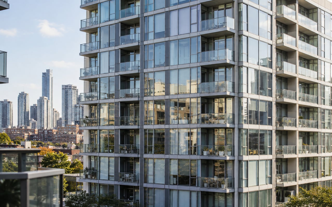 Neutral condo facade with consistent glazing and subtle sky reflections