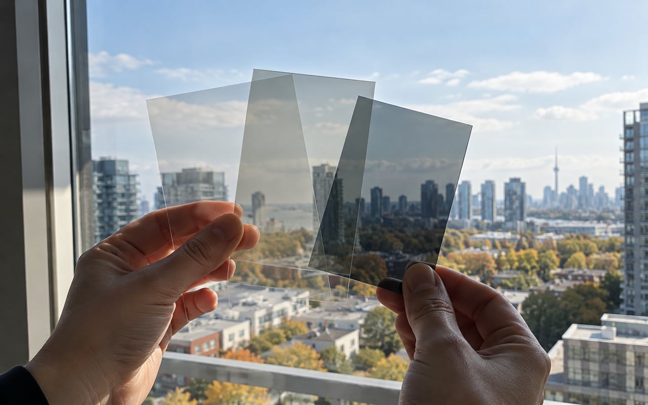 Unbranded light and darker transparent film samples held against daylight