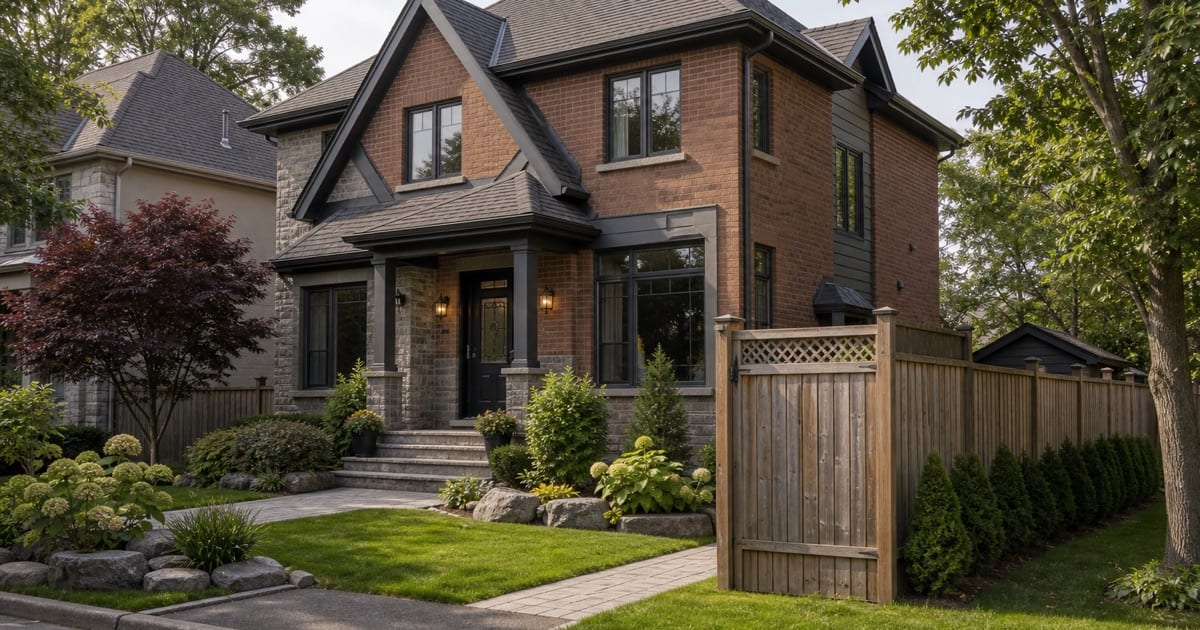 Exterior view of a residential single-family home with entry door, windows, and yard visible, showing the property boundary