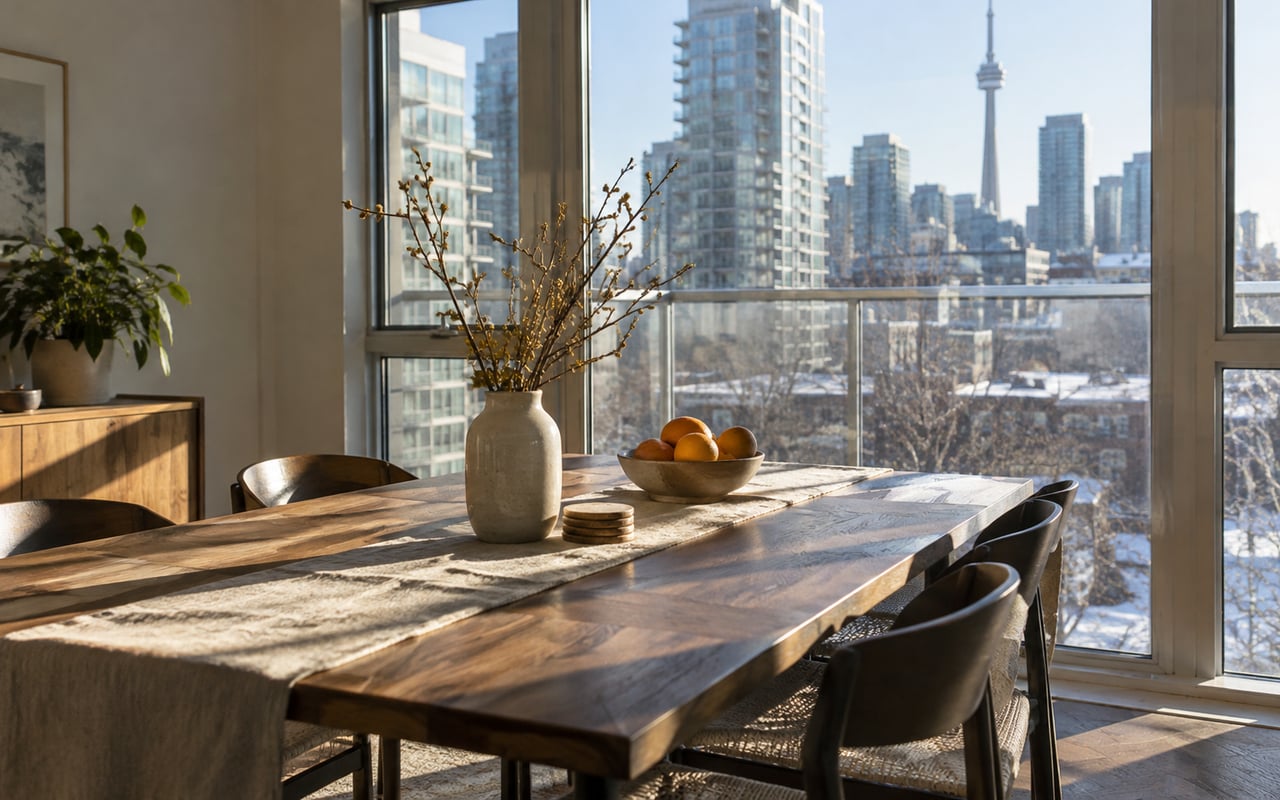 Bright early-spring condo room with bare trees and residual snow outside