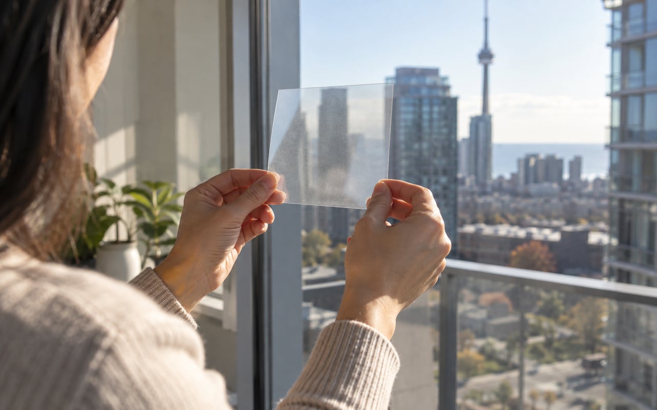 Condo resident reviewing transparent film samples against a sunny window