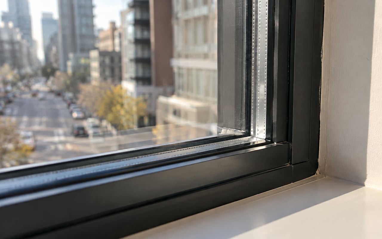Close view of an insulated condo window edge and spacer