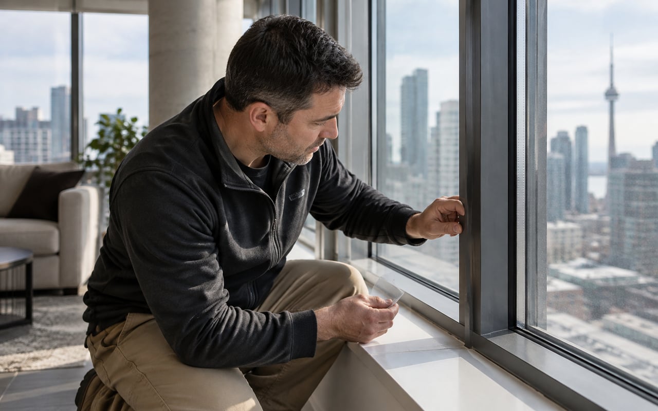 Technician examining a condo window corner beside a transparent sample