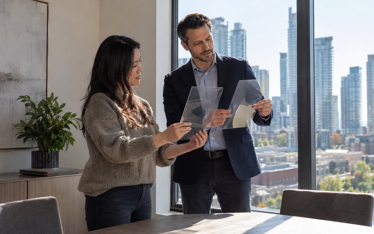 Condo resident and property manager reviewing unbranded samples near a window
