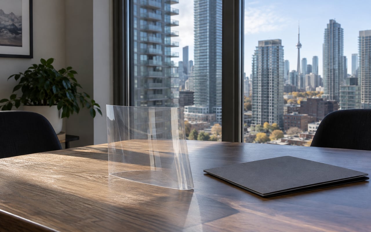 Transparent film sample and a plain folder on a condo meeting-room table