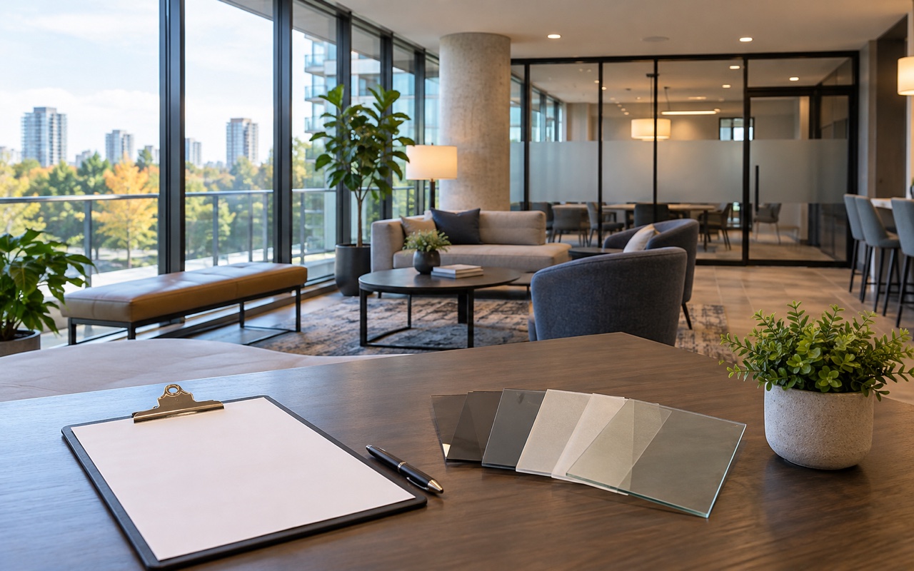 Condominium amenity room with broad glazing, a frosted partition, unbranded film samples and a blank room inventory
