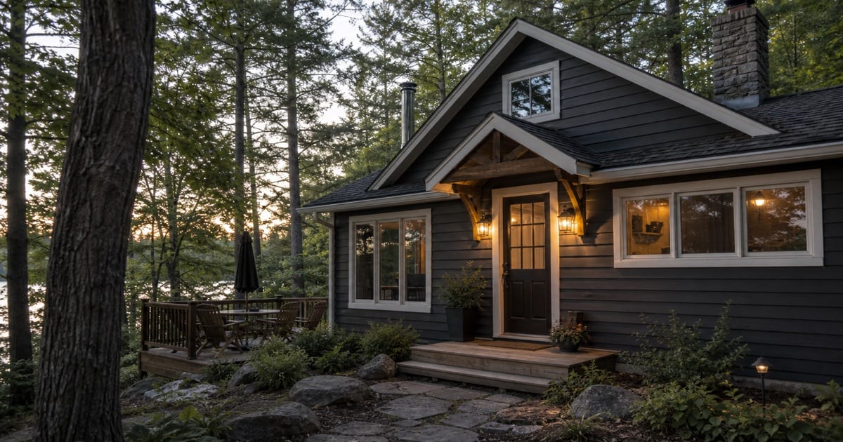 Exterior view of a residential cottage or seasonal home, showing the front entry and patio area, natural daylight, no people visible