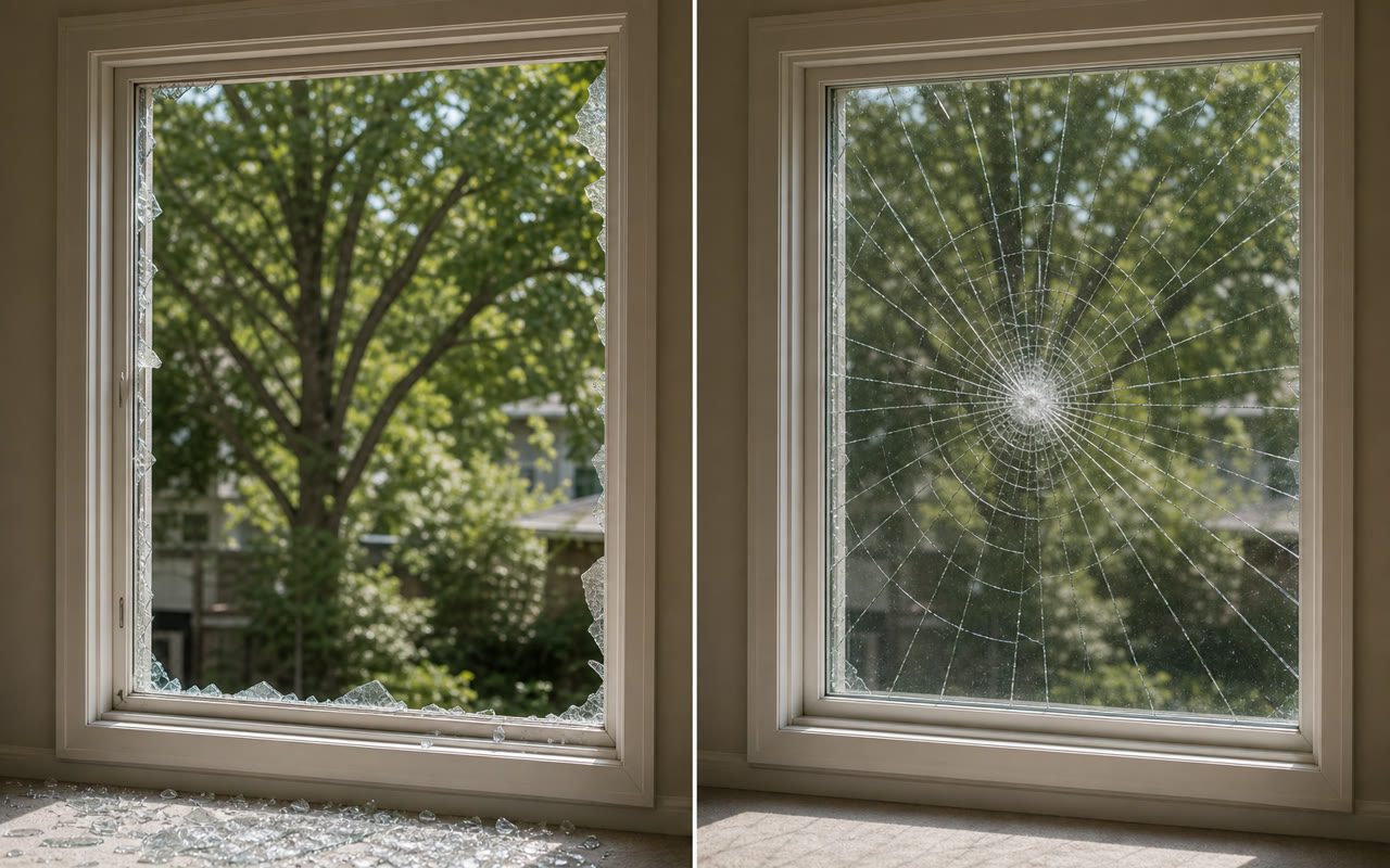 Side-by-side interior view: left window with glass shattering on impact, shards scattering into the room; right window fractured by the same force but film holds every fragment intact in the frame