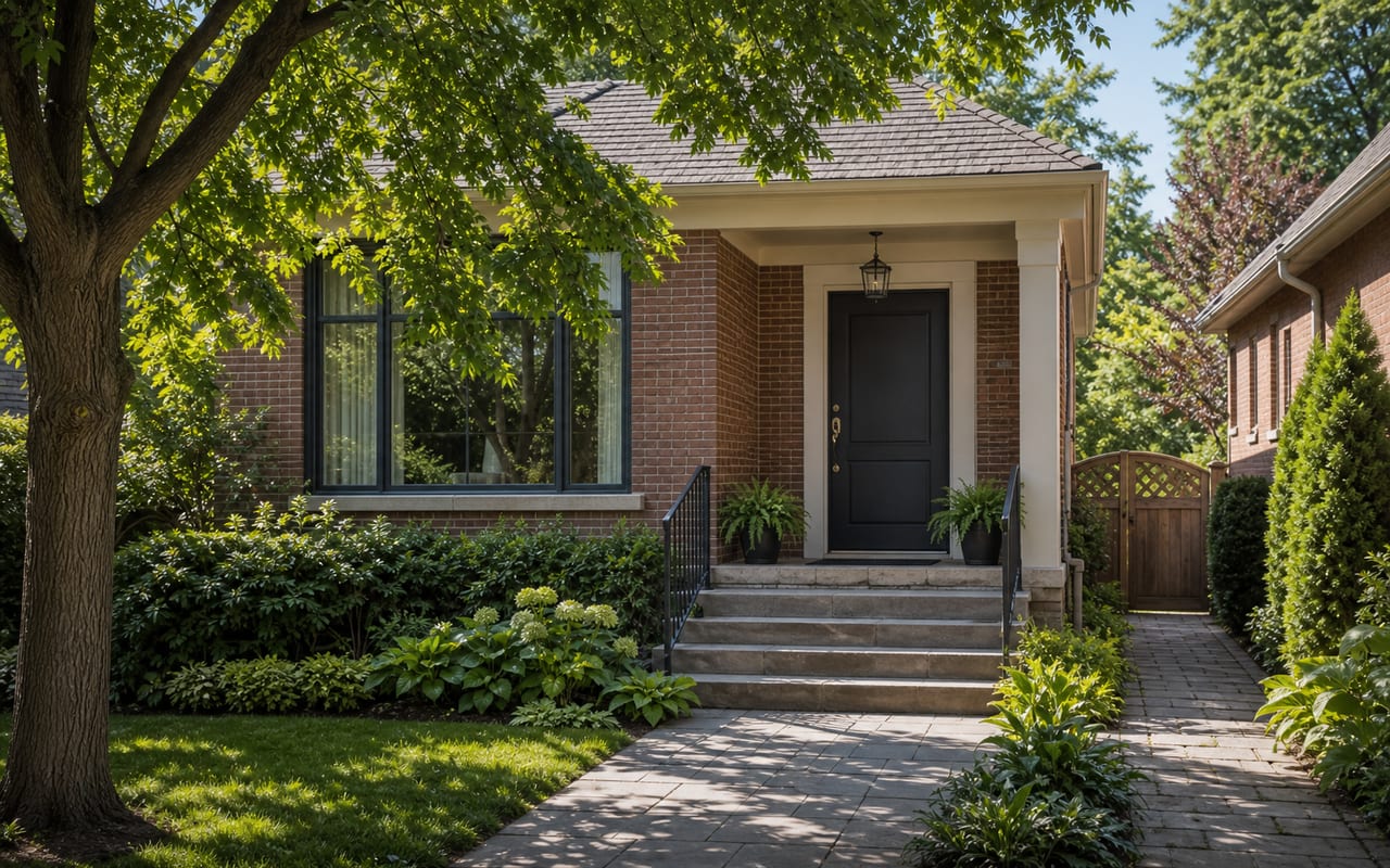 Detached GTA home viewed from the front walkway, with the front entry and side path visible