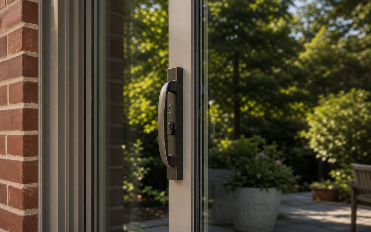 Sliding patio door handle and glass reflecting a residential garden