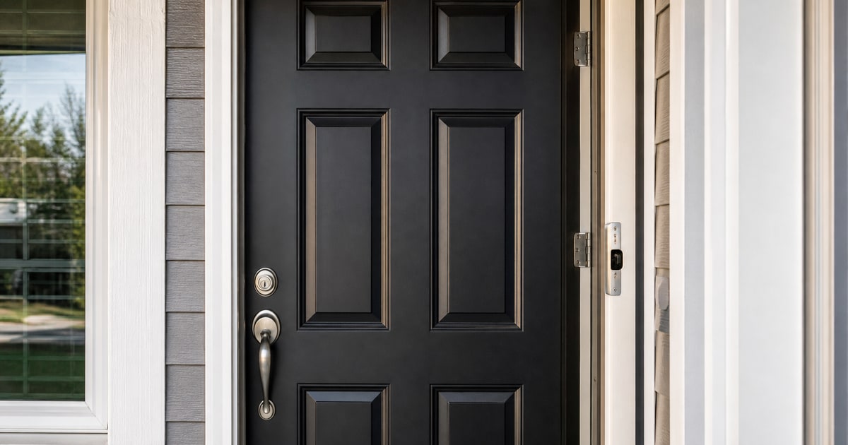 Close-up frontal view of a standard residential front door showing door, strike plate, and frame