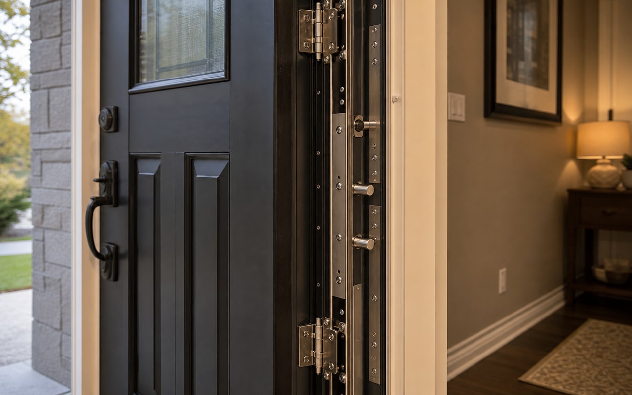 Interior view of a reinforced front door frame with multi-point locking system visible