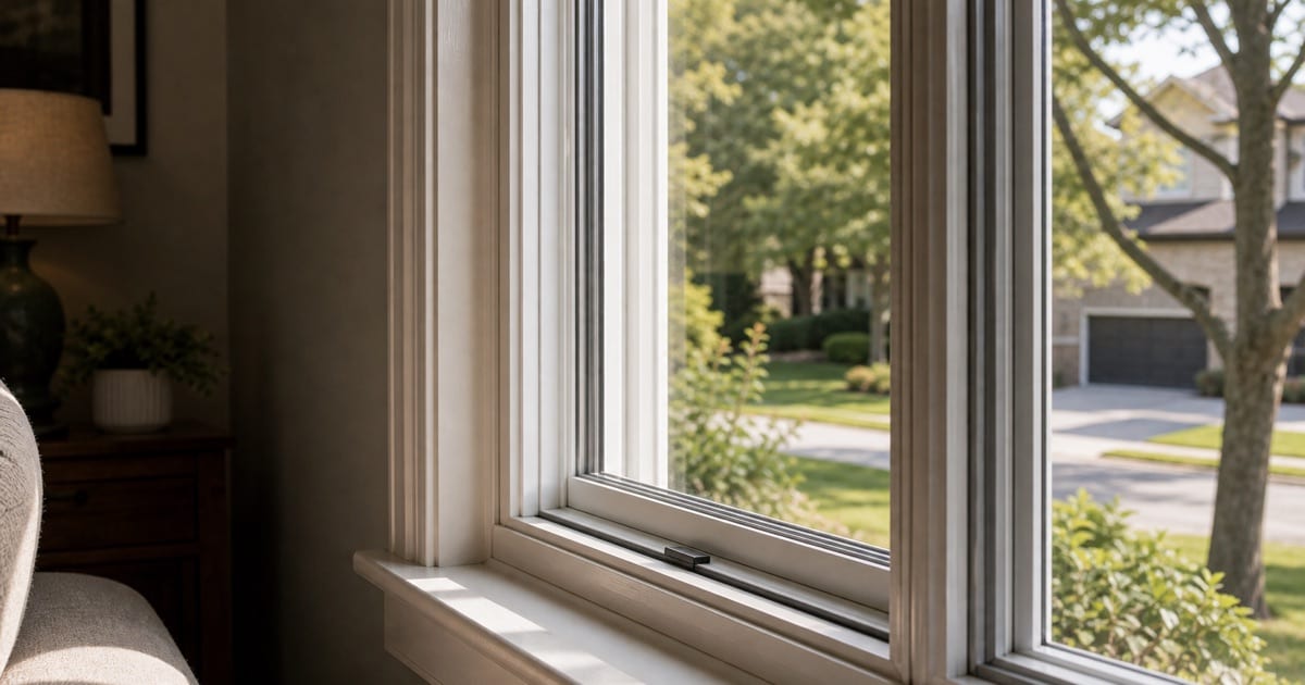 Close-up view of a residential window pane from inside, showing clear glass and the frame, natural light from outside