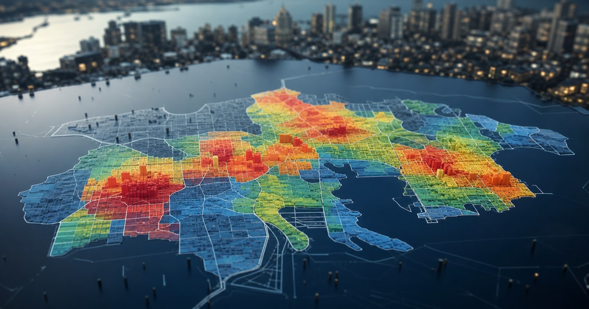 Abstract analytical representation of GTA neighbourhood data with subtle heat-map styling