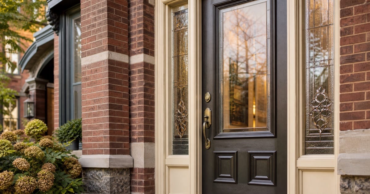 Victorian front door with decorative sidelight glass panels beside lock, Toronto heritage home facade