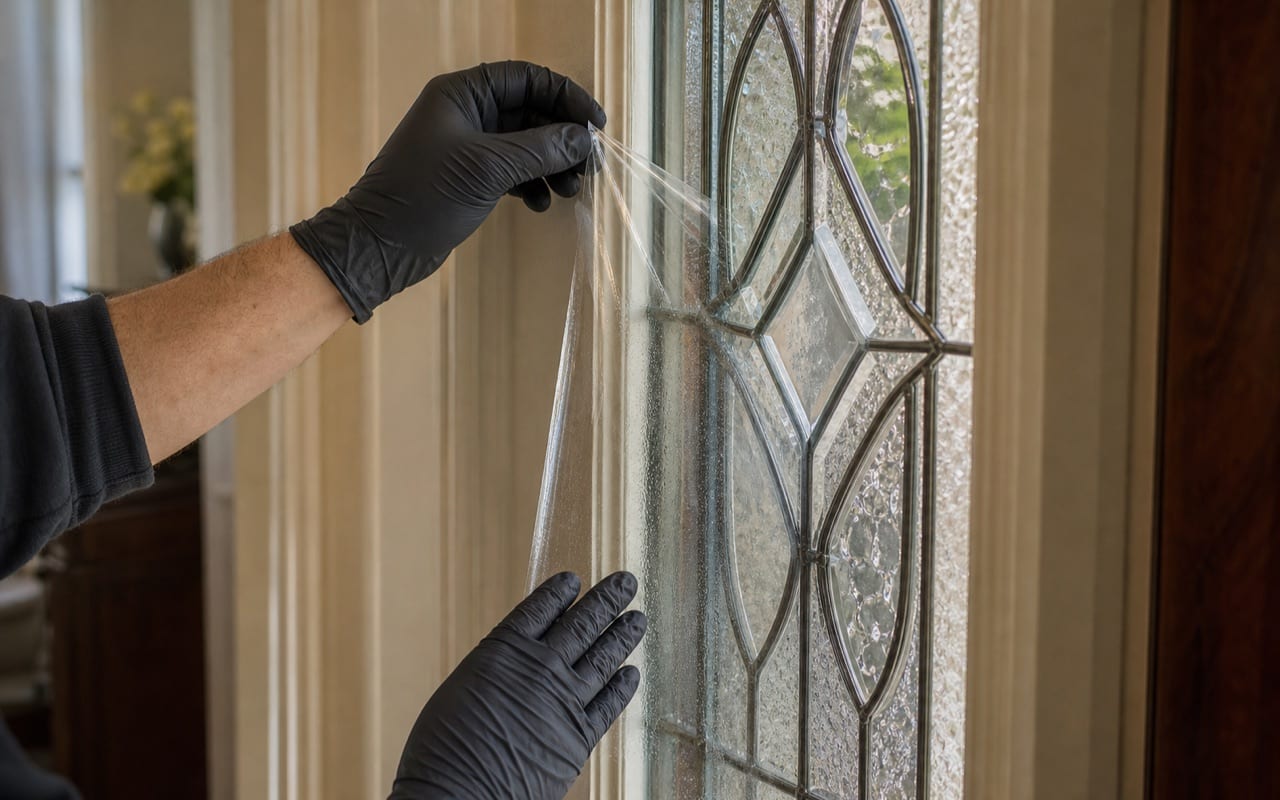 Heritage Toronto front entry with security film applied to sidelight panels, film virtually invisible on decorative glass