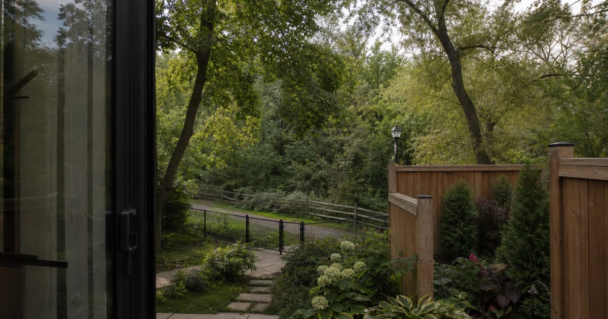 Toronto ravine trail viewed from homeowner's rear yard looking toward trail