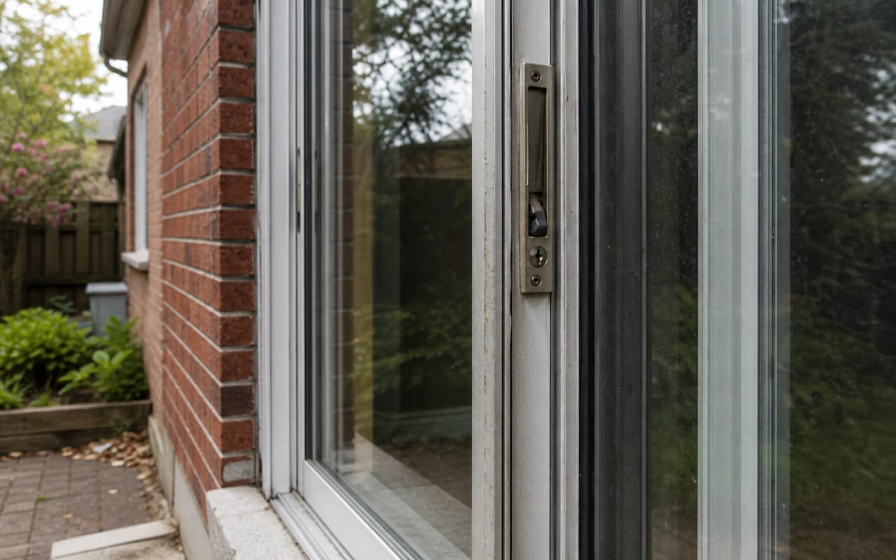 View from inside a home looking out rear windows toward a tree-lined trail, no fence or barrier visible from inside