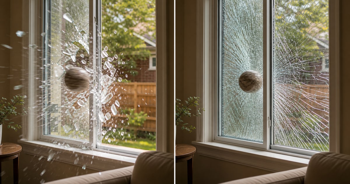Side-by-side comparison of standard window with glass fragments clearing versus window with security film holding glass intact