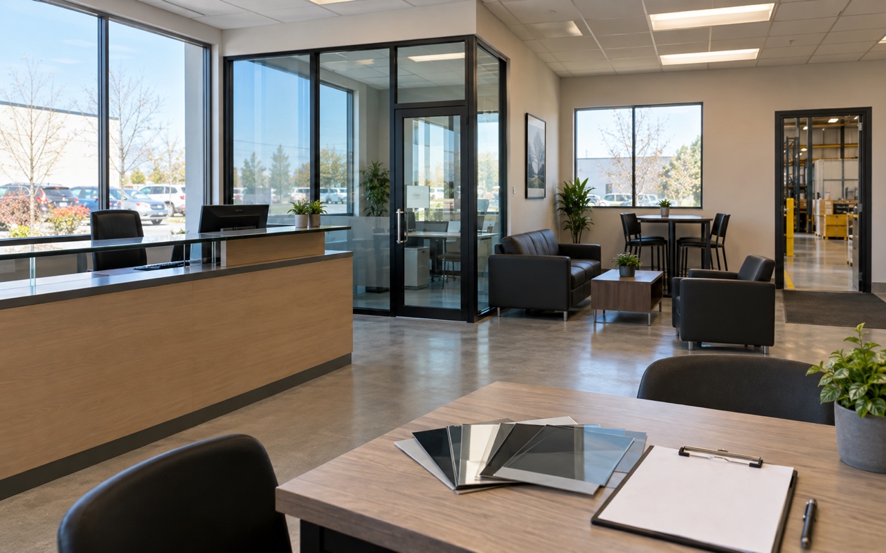Industrial reception, office and staff seating with unbranded film samples and a blank project record