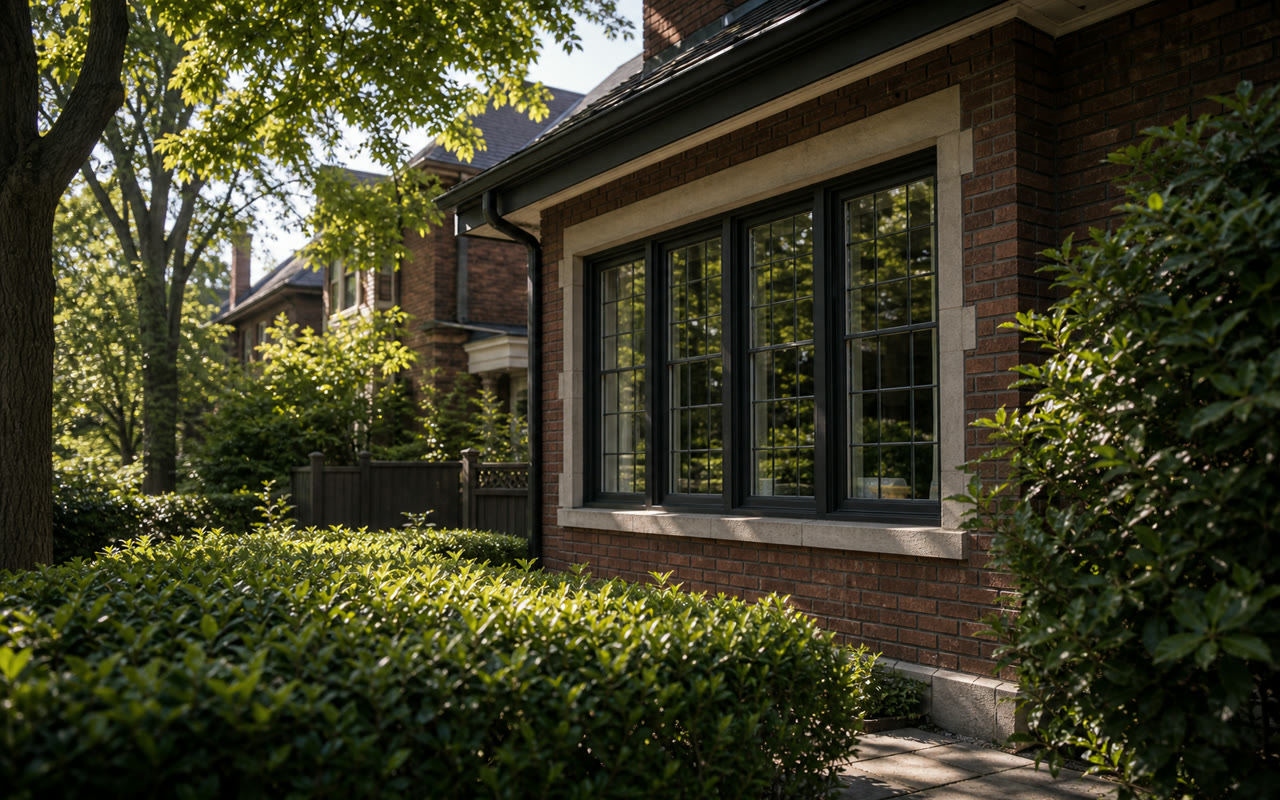Exterior of a 1930s Toronto brick detached home, multi-pane windows on the side elevation, mature hedging partially screening the view, warm afternoon light