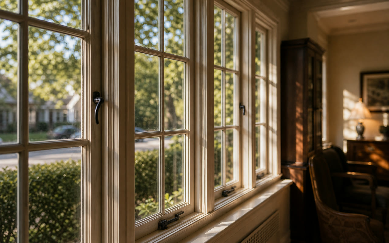 Interior view of a 1930s Toronto home showing large original parlour window with security film applied, film virtually invisible, period-appropriate character fully preserved