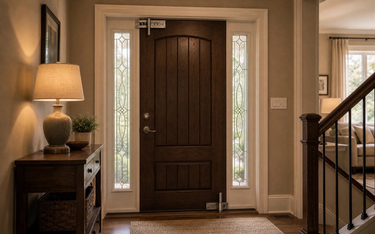 Interior detail of a reinforced residential front door, heavy-gauge strike plate hardware visible along door frame