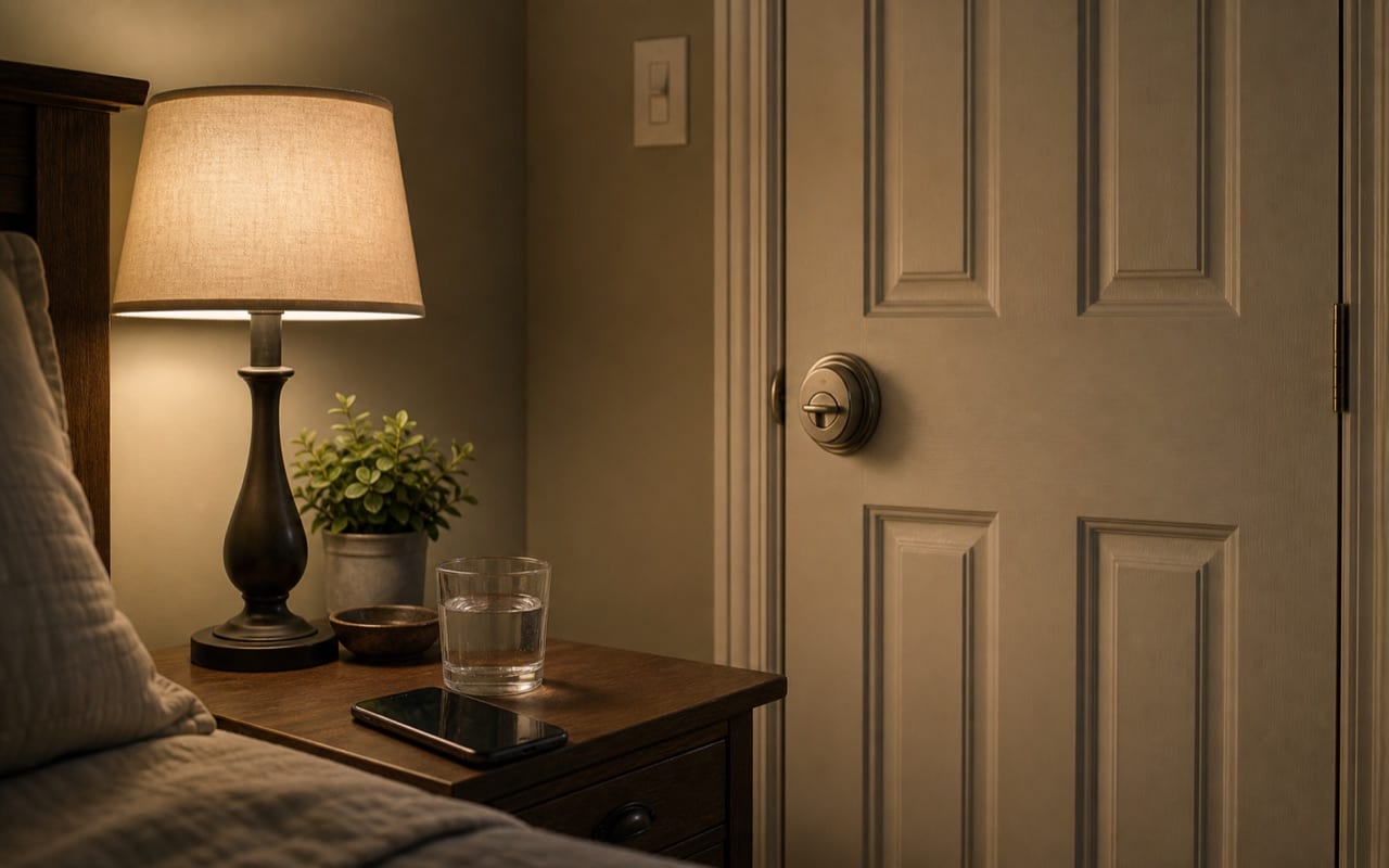 Bedroom door with privacy lock visible, smartphone on nightstand beside a glass of water, soft warm bedside lamp light