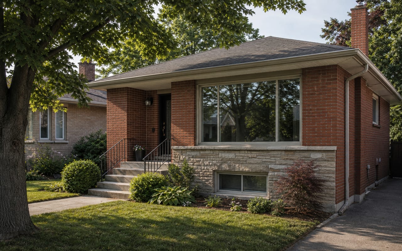 Leaside-style brick bungalow with a large front window and lower-level glass visible near the foundation