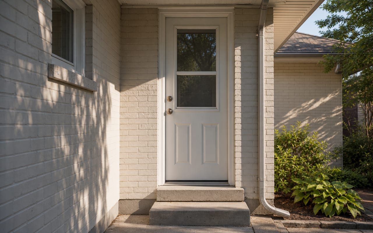 Side entry on a brick bungalow, showing the door, glazed panel, frame, and approach