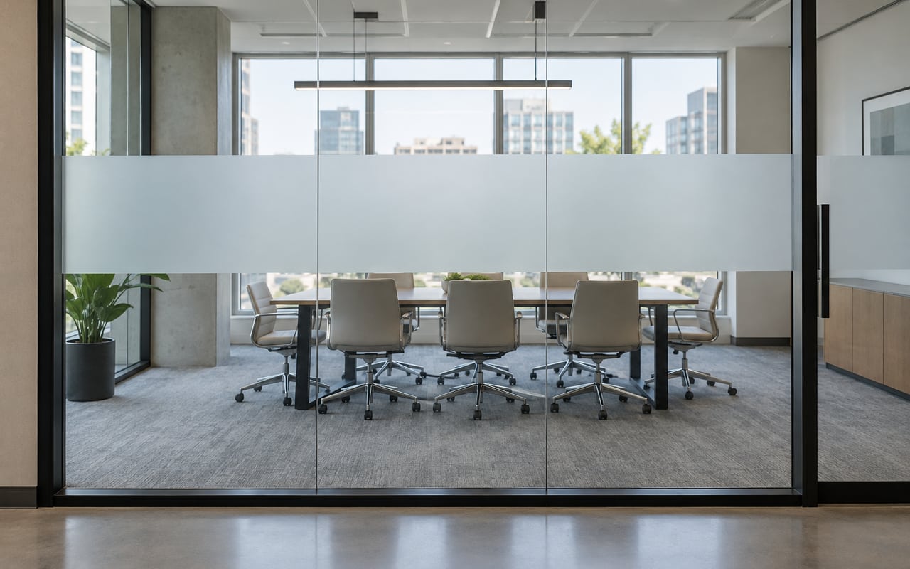 Glass meeting-room partition with a broad frosted band and clear glazing above and below