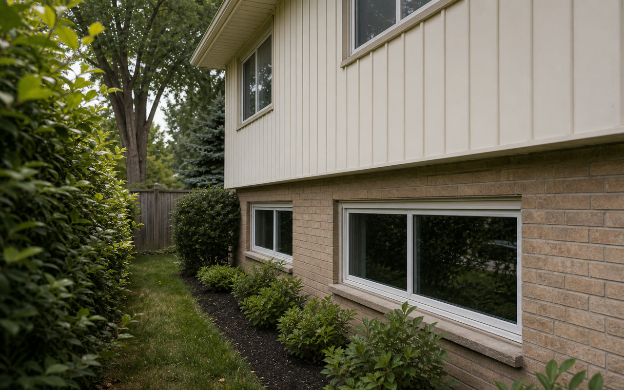 Exterior view of a 1970s Mississauga split-level home, ground-floor windows in aluminum frames, mature landscaping, suburban street