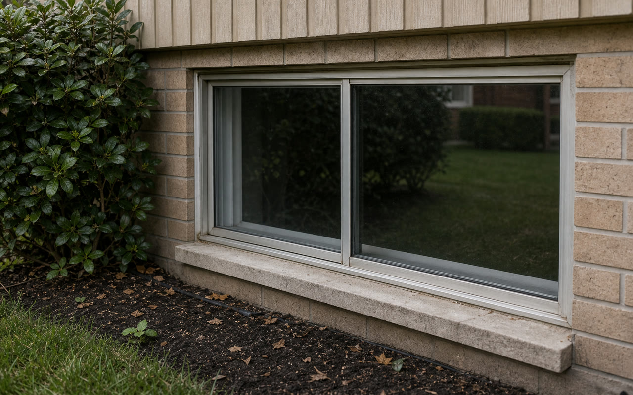 Ground-level rear patio slider of a 1970s Mississauga raised bungalow with original single-point latch, backyard partially screened by mature privacy hedging