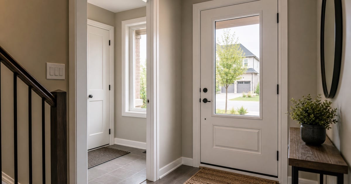 Interior view of a standard residential entry door and frame in new construction, showing the door closed from inside a home entryway