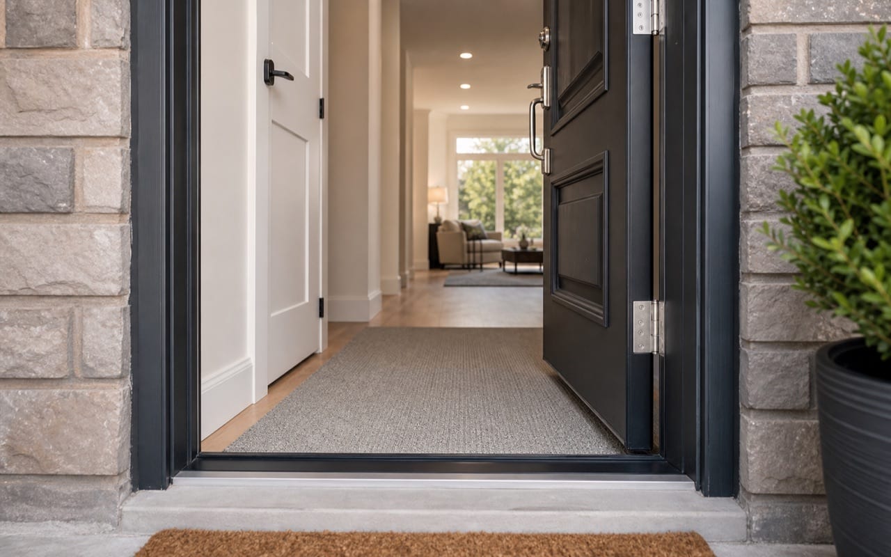 Reinforced residential door frame with heavy-gauge strike plate and deep-screw hardware installed