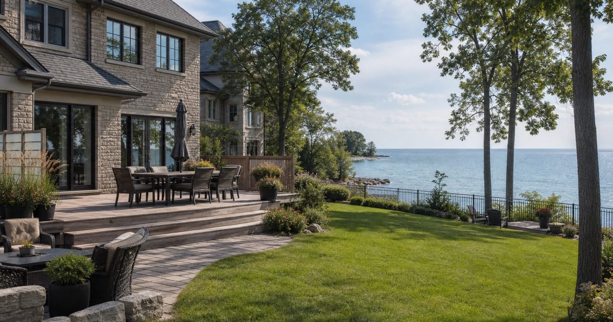 Exterior view of a residential waterfront or lakeshore home, showing the rear property facing water or extended green space, large rear yard with deck or patio visible, natural daylight
