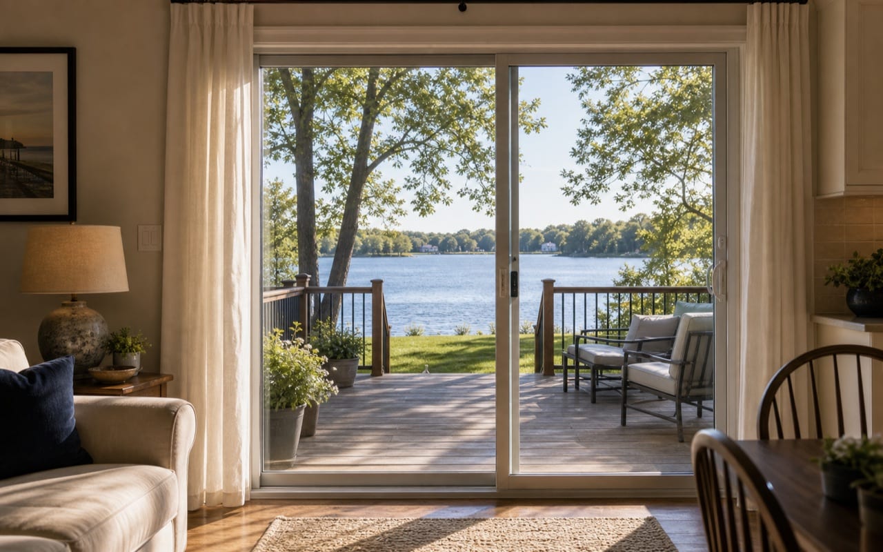 Rear deck of a waterfront Oakville property overlooking open water, no adjacent homes visible from the property