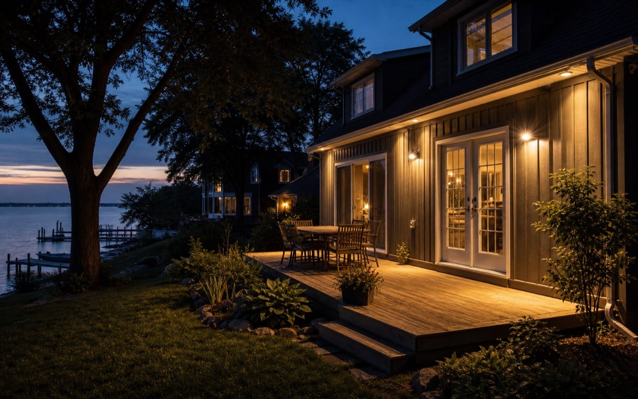 Large rear-facing glass doors of a lakeshore home, open water visible beyond the deck, no rear fence or barrier