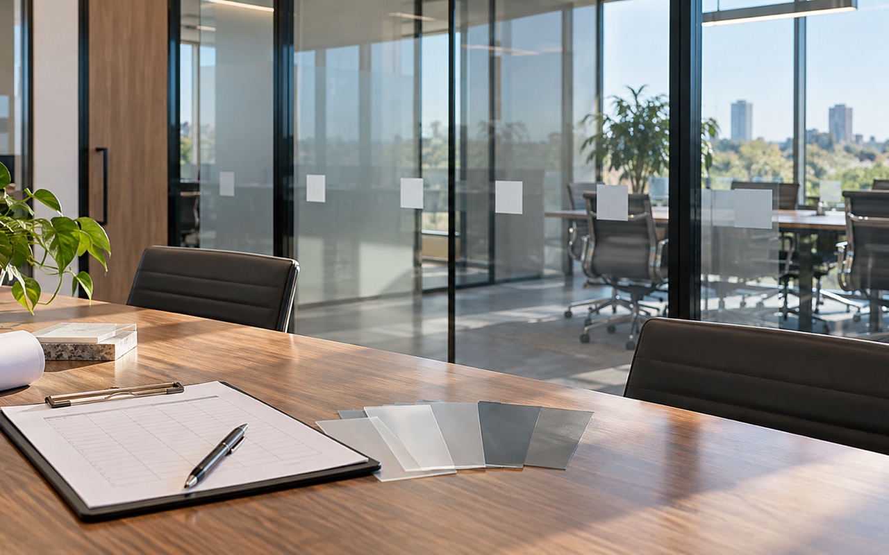 Office glass partitions, unbranded film samples and a blank pane schedule on a clipboard