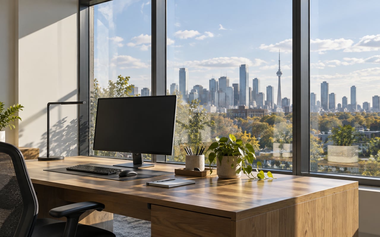 Office desk and monitor beside tall windows in natural afternoon light